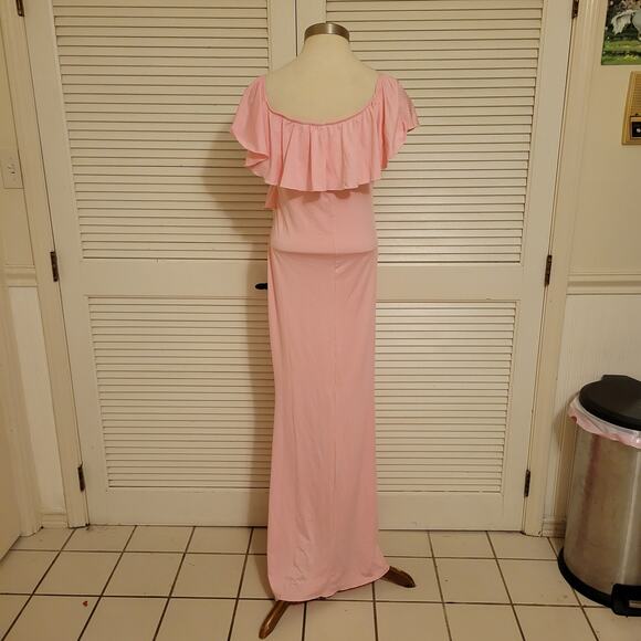 Pink Ruffle Maxi Dress Off Shoulder V Neck Stretchy Gown Size Medium - Picture 5 of 8